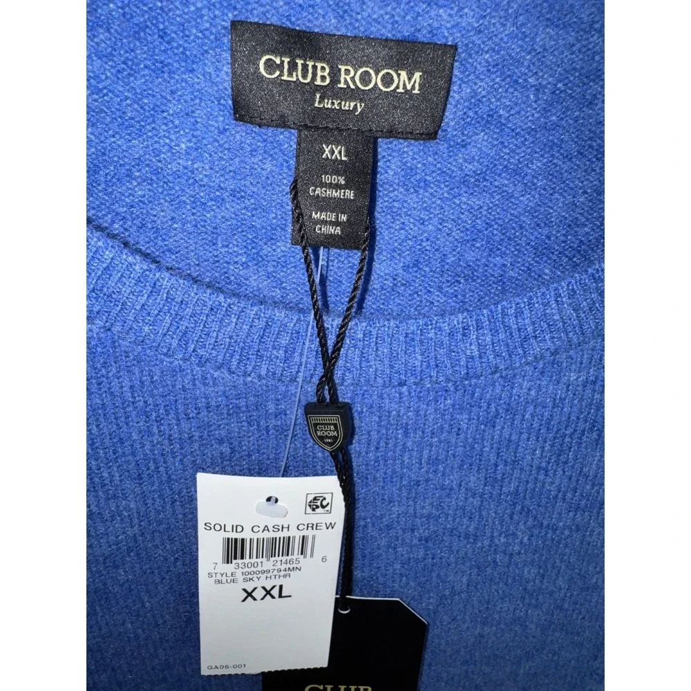 Club Room Luxury Mens XXL Blue Sky Heather 100% Cashmere Crew Neck Sweater NWT